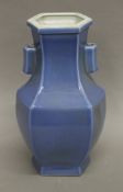 A Chinese hexagonal blue porcelain vase.