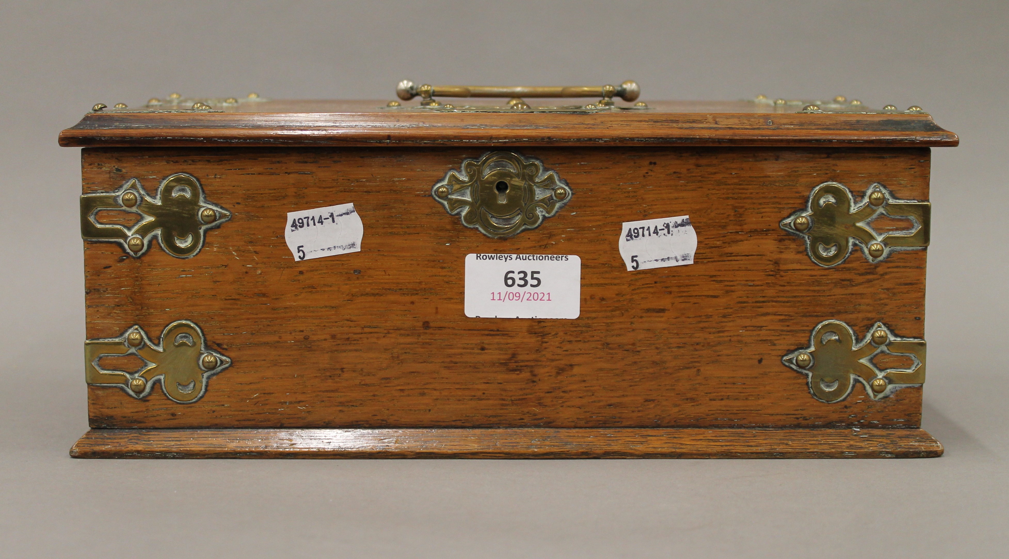 A Victorian brass mounted oak cigar box. 29 cm wide. - Image 2 of 7