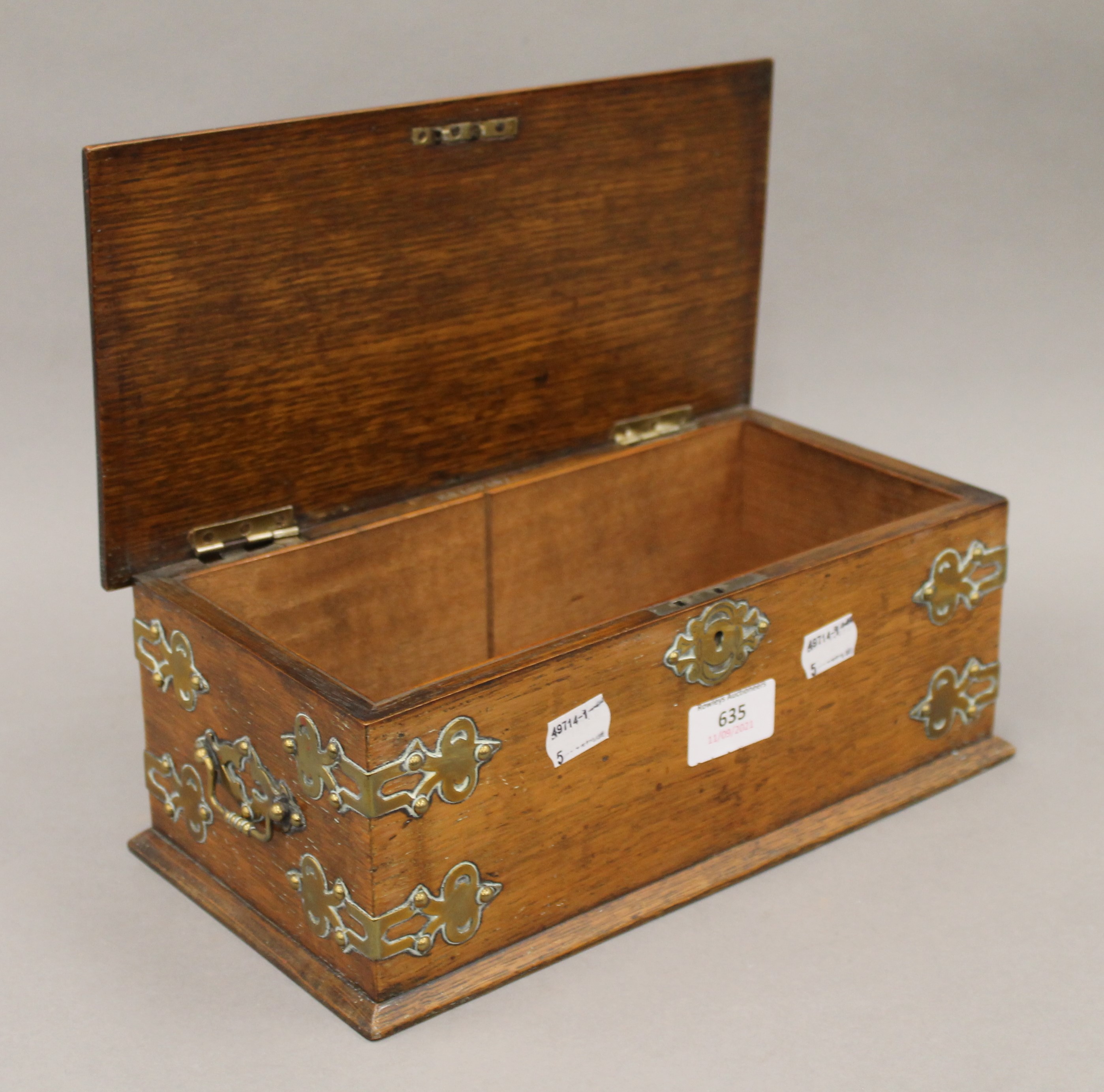 A Victorian brass mounted oak cigar box. 29 cm wide. - Image 4 of 7
