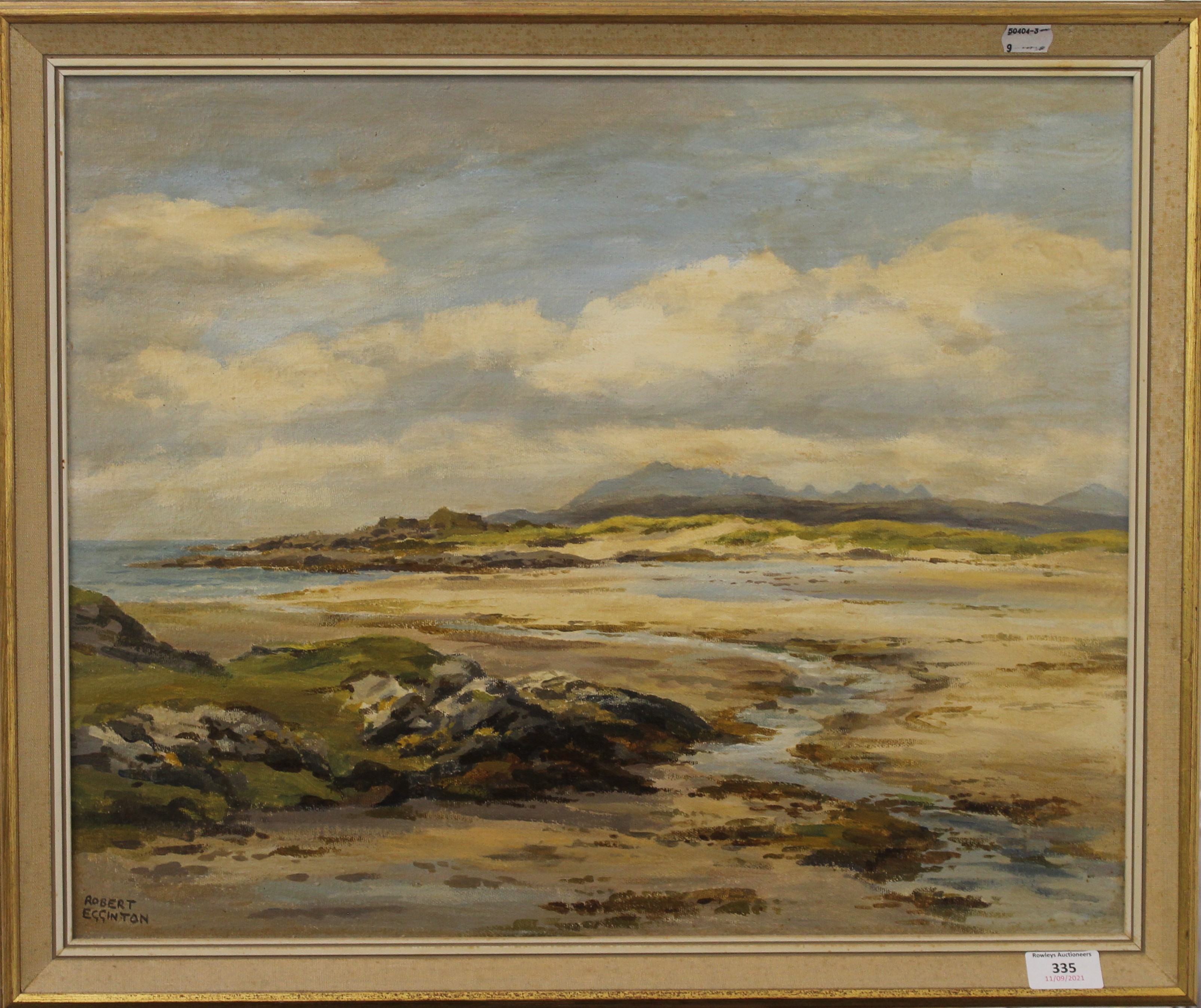 ROBERT EGGINTON (born 1943) Irish, Skye from the Sands of Morar, oil on board, signed, framed. - Image 2 of 3