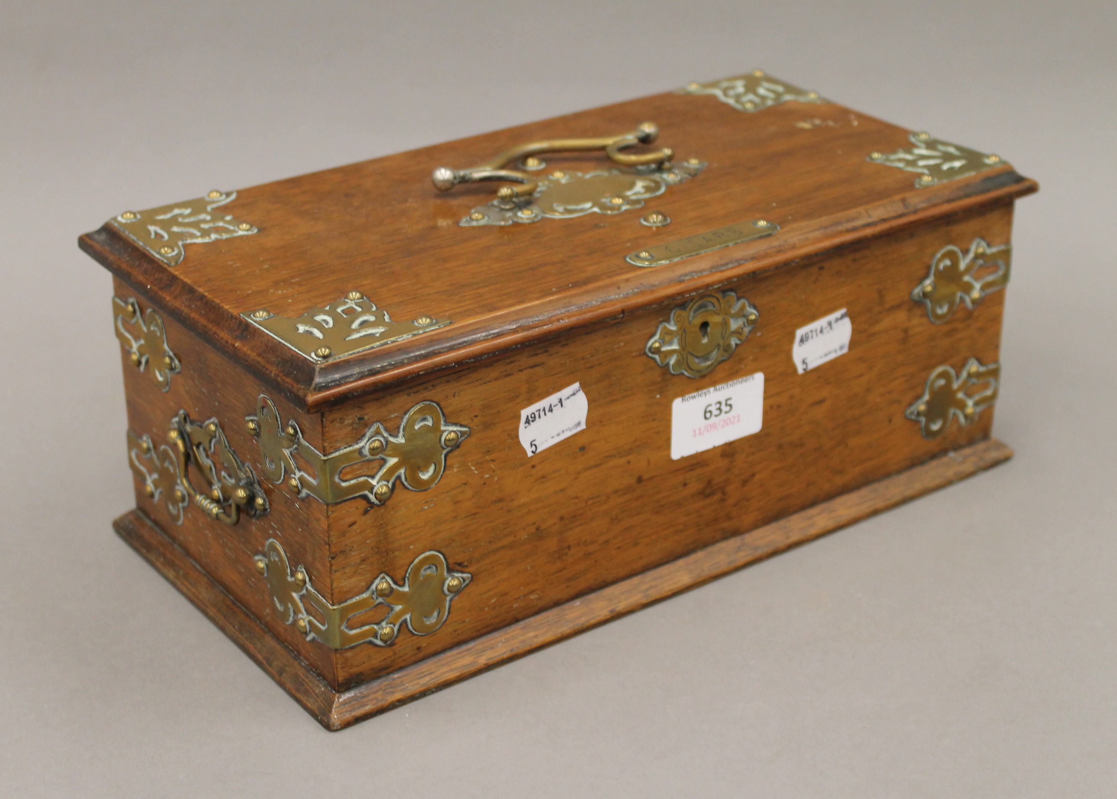 A Victorian brass mounted oak cigar box. 29 cm wide. - Image 3 of 7