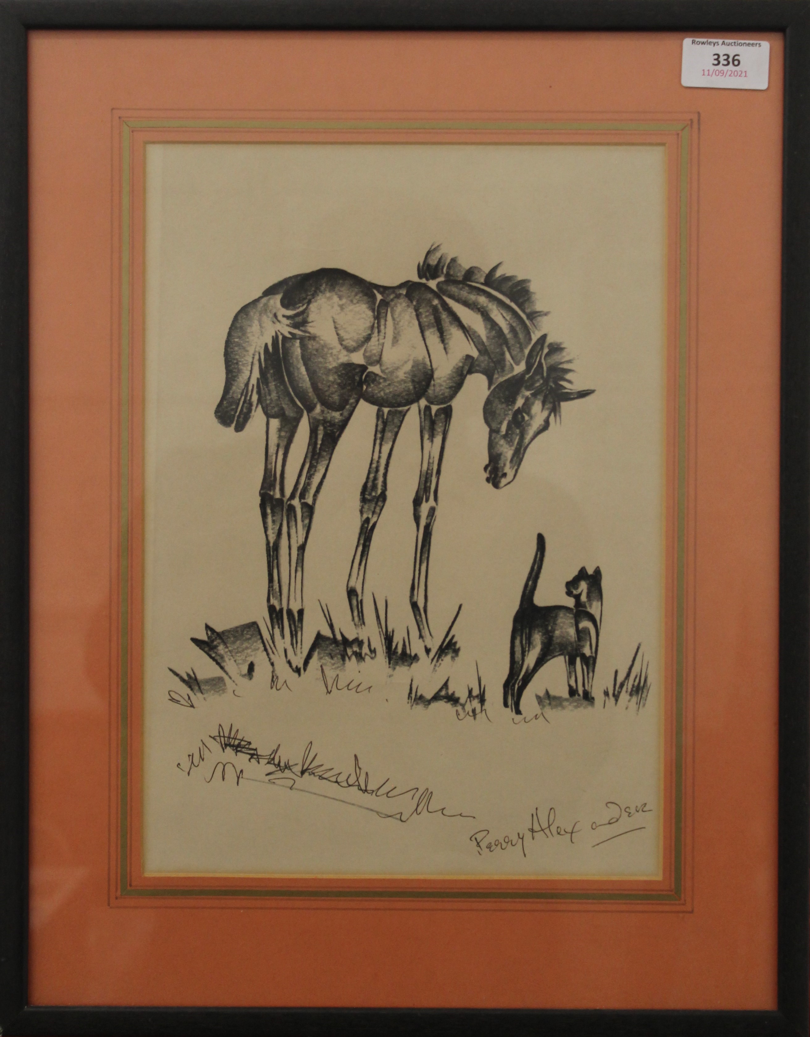 PEGGY ALEXANDER, Horse and Cat, print, signed, framed and glazed. 23 x 32.5 cm. - Image 2 of 3