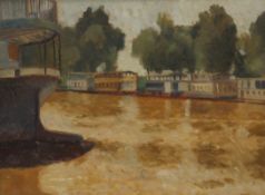 FRENCH IMPRESSIONIST SCHOOL, House Boats on the River, oil on board, framed and glazed. 30 x 23 cm.