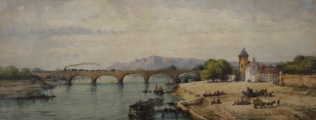 GABRIEL CARELLI, Continental River Scene with Train Crossing a Bridge, watercolour, signed,