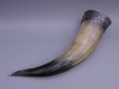 A Russian mounted silver horn. 30.5 cm long.