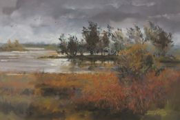 STEVE LEWIS, Earith Fen, gouache and watercolour, signed, framed and glazed. 41 x 28 cm.