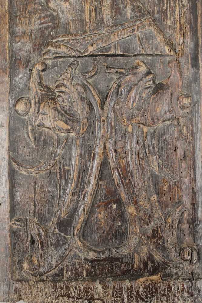 An early carved oak panel, possibly 16th/17th century. 41 cm high. - Image 3 of 7