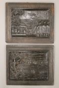 A pair of 19th century carved oak panels depicting classical scenes. Each approximately 25 cm wide.