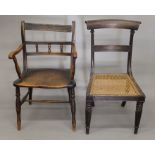 A 19th century elm seated open armchair and a cane seated chair. The former 54 cm wide.