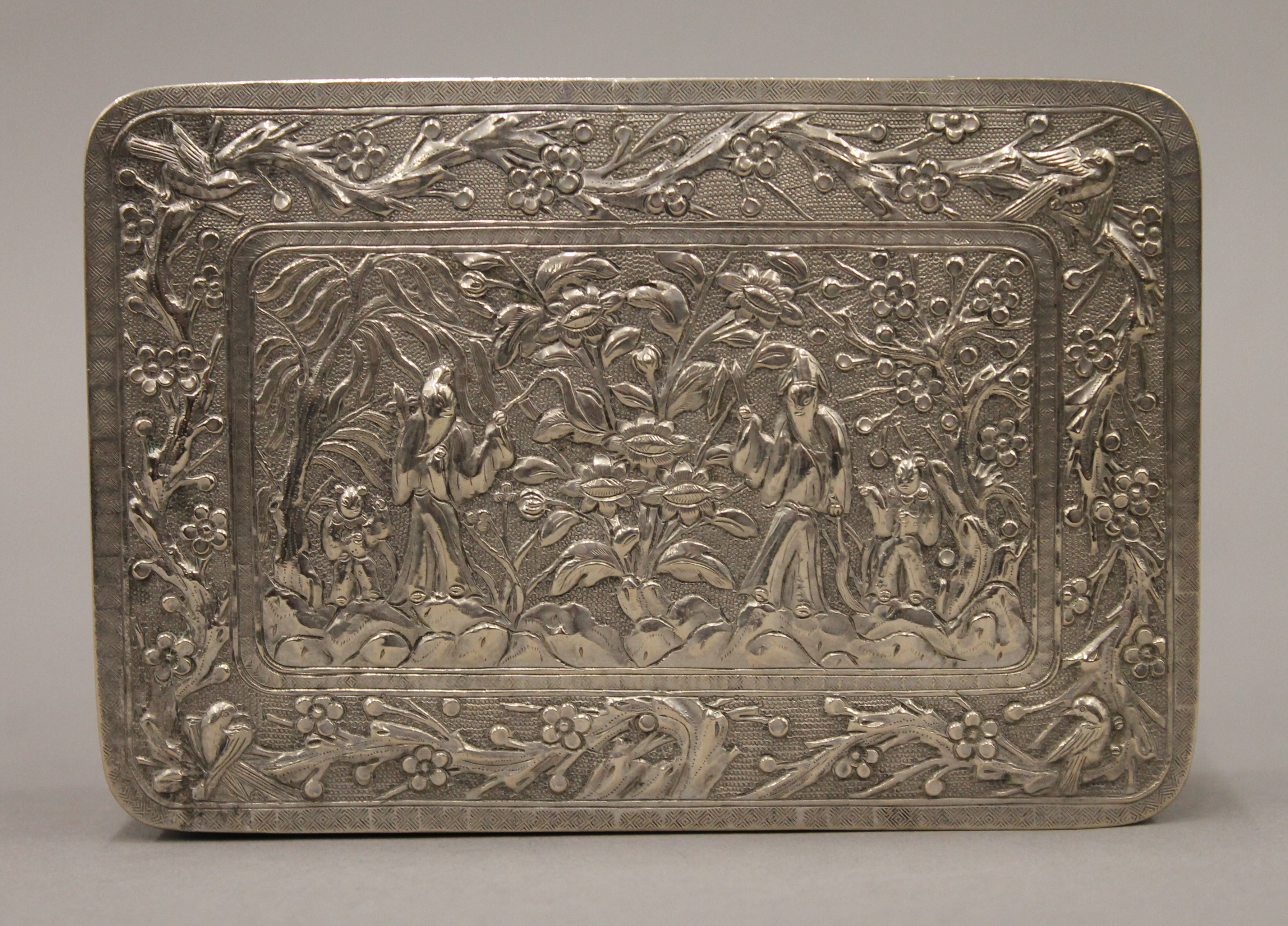 A 19th century Chinese silver box engraved with figures and trees, etc., seal marks to base. - Image 2 of 7