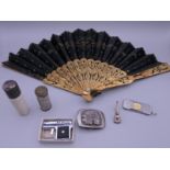 A quantity of items, including a fan, buckle, etc. Fan 24.5 cm long.