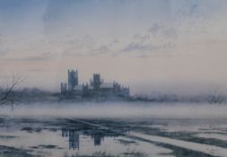 Ely in the Mist, limited edition print, numbered 35/850, indistinctly signed, framed and glazed. 45.