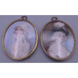 A pair of brass oval framed miniatures. Each 8 x 6.5 cm excluding suspension loop.