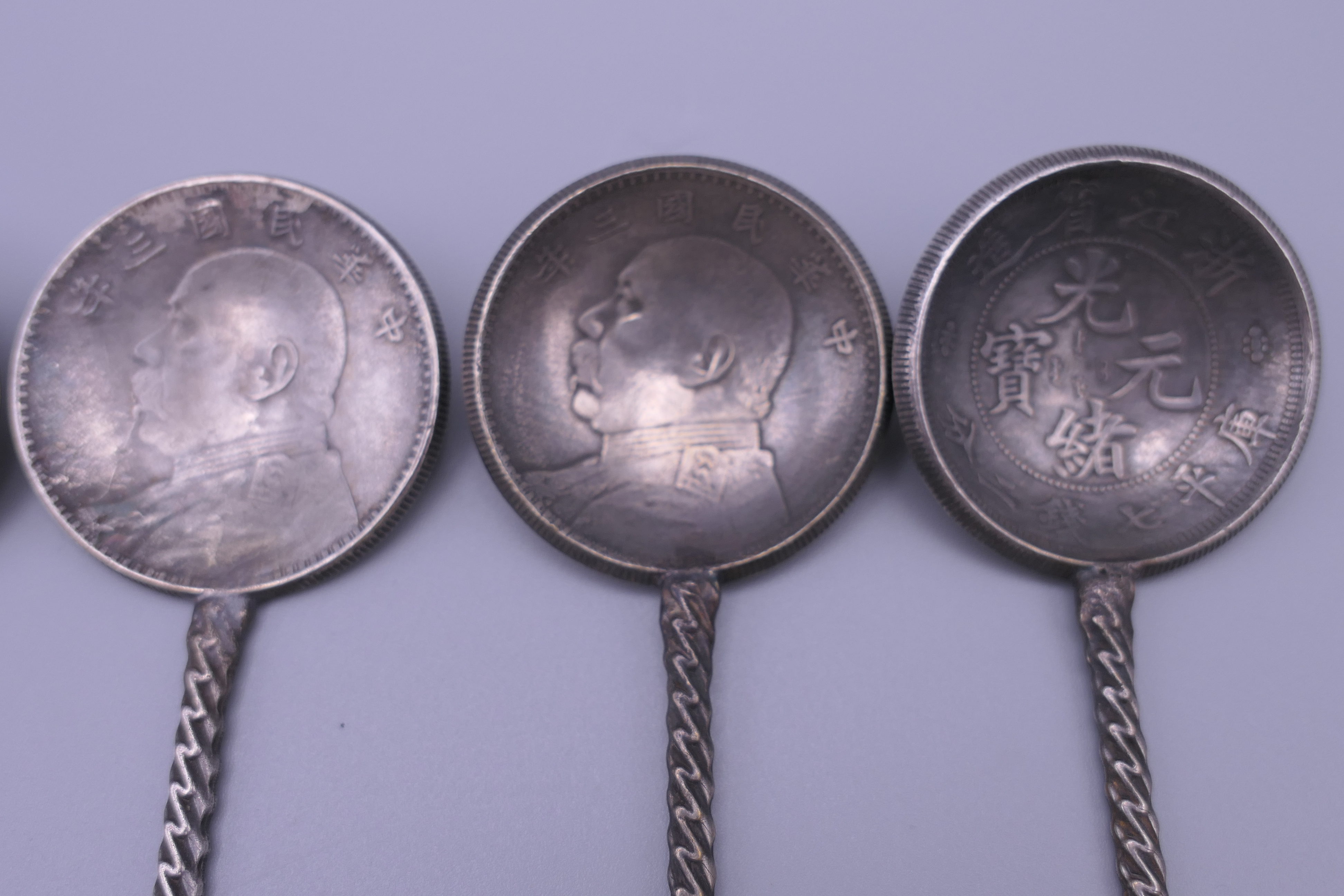 Six Chinese silver coin spoons. 17 cm long. - Image 3 of 11
