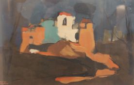 HENRI TITSELAAR (1917-2013) Dutch (AR), Red Houses, oil. 46 x 29.5 cm.