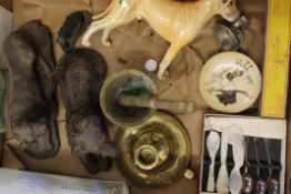 A quantity of miscellaneous items, including a brass chamberstick, model dogs and a Beswick dog,