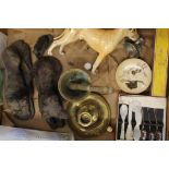 A quantity of miscellaneous items, including a brass chamberstick, model dogs and a Beswick dog,