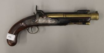 An early 19th century percussion blunderbuss pistol with bayonet, the lock plate inscribed J.R.