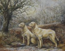 CYNTHIA WATERMAN, Retrievers, oil on canvas, signed with initials, framed. 48 x 38 cm.