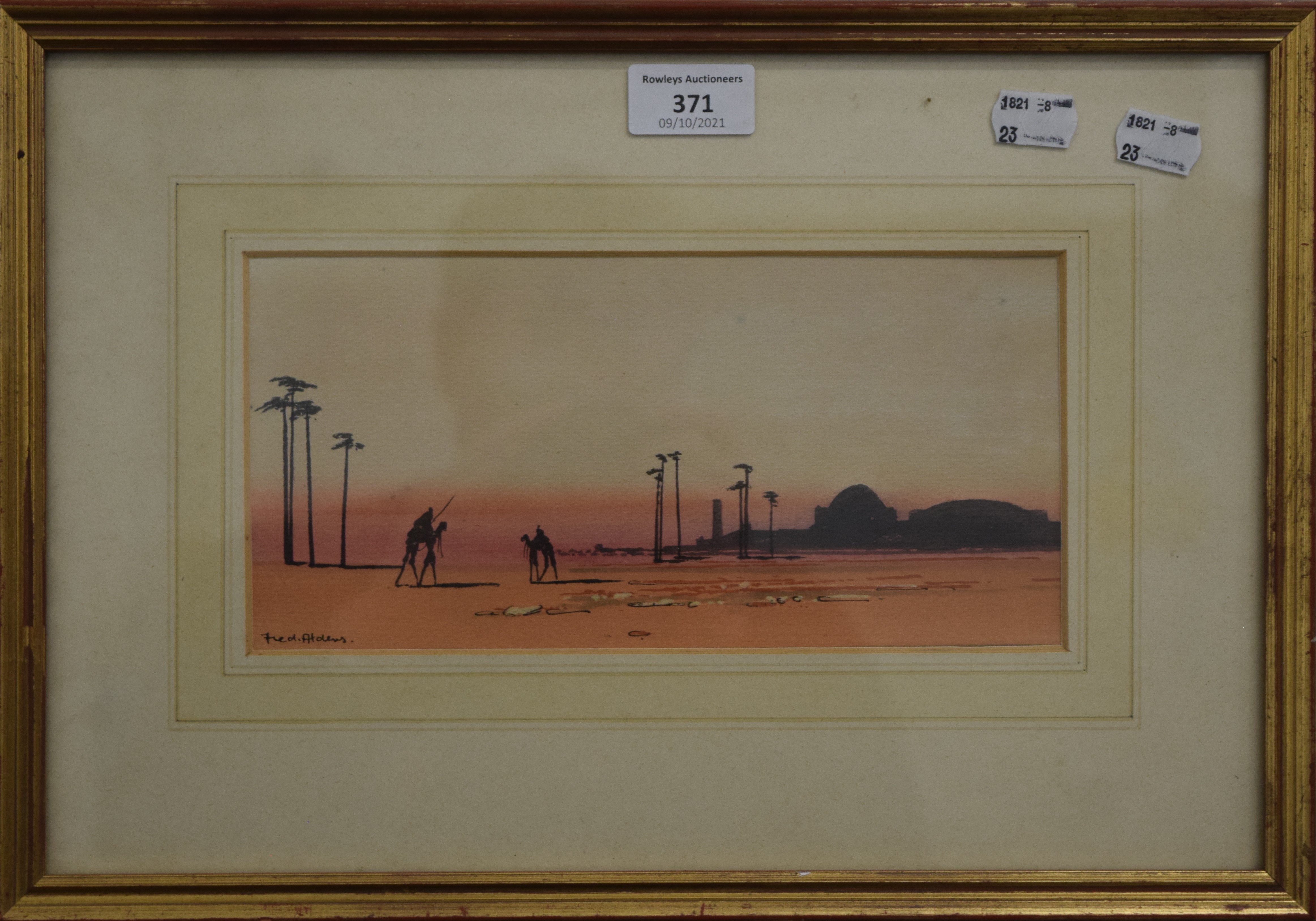 FRED ALDENS, North African Scene, watercolour, framed and glazed. 24 x 12 cm. - Image 2 of 3