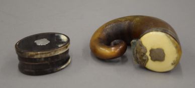 A 19th century Scottish horn snuff mull and a small horn snuff box. The former 7 cm high.