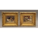 Two gilt framed porcelain panels, each painted with Chickens, signed F CLARK. 20.5 x 18 cm overall.