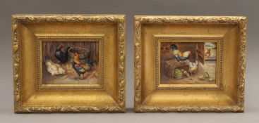 Two gilt framed porcelain panels, each painted with Chickens, signed F CLARK. 20.5 x 18 cm overall.