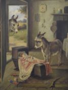 R HUNT, possibly REUBEN HUNT (1857-1938) British, Donkey and Child in an Interior, oil on canvas,