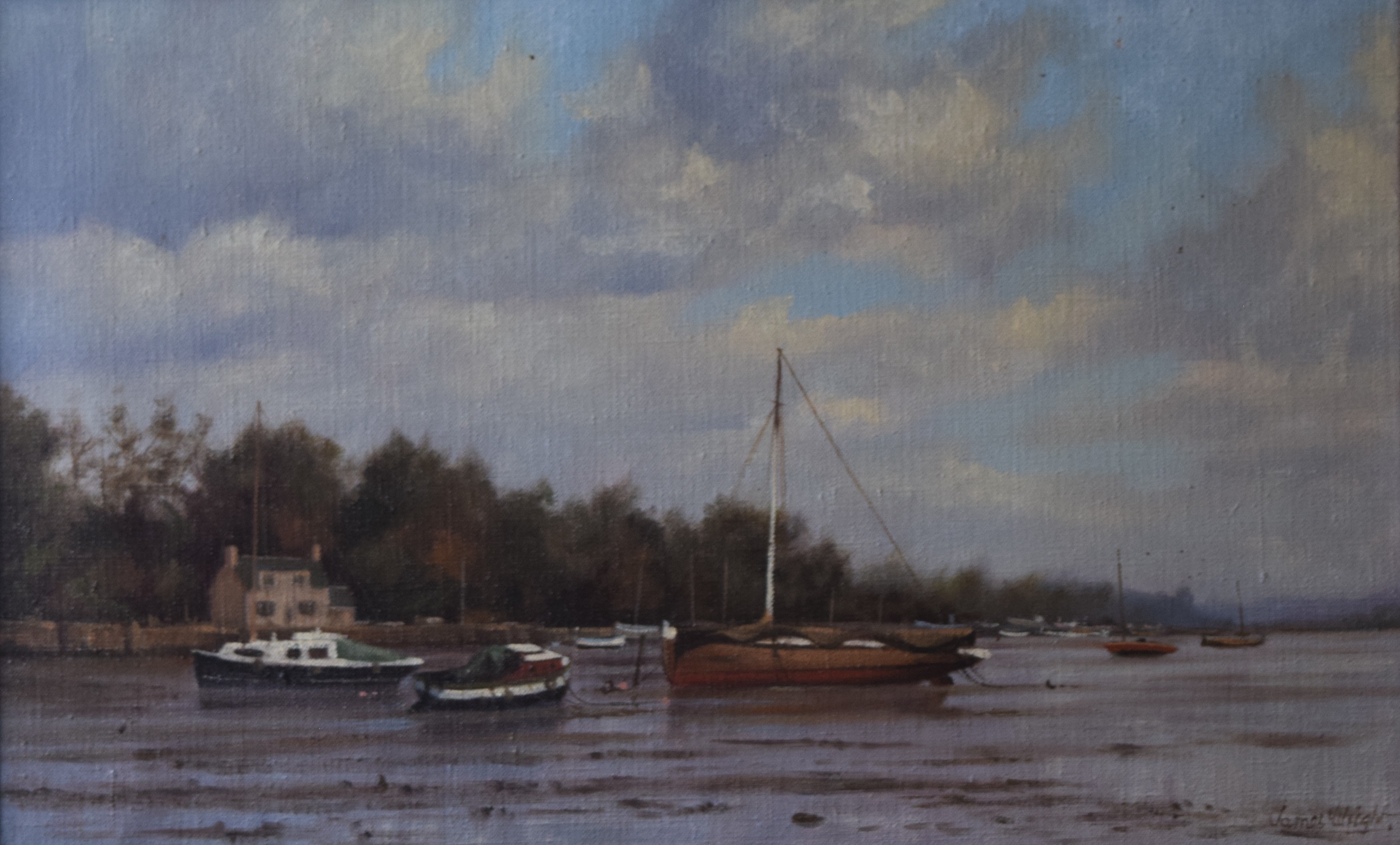 JAMES WRIGHT, Estuary Scene, oil on canvas, signed, framed. 39 x 24 cm.