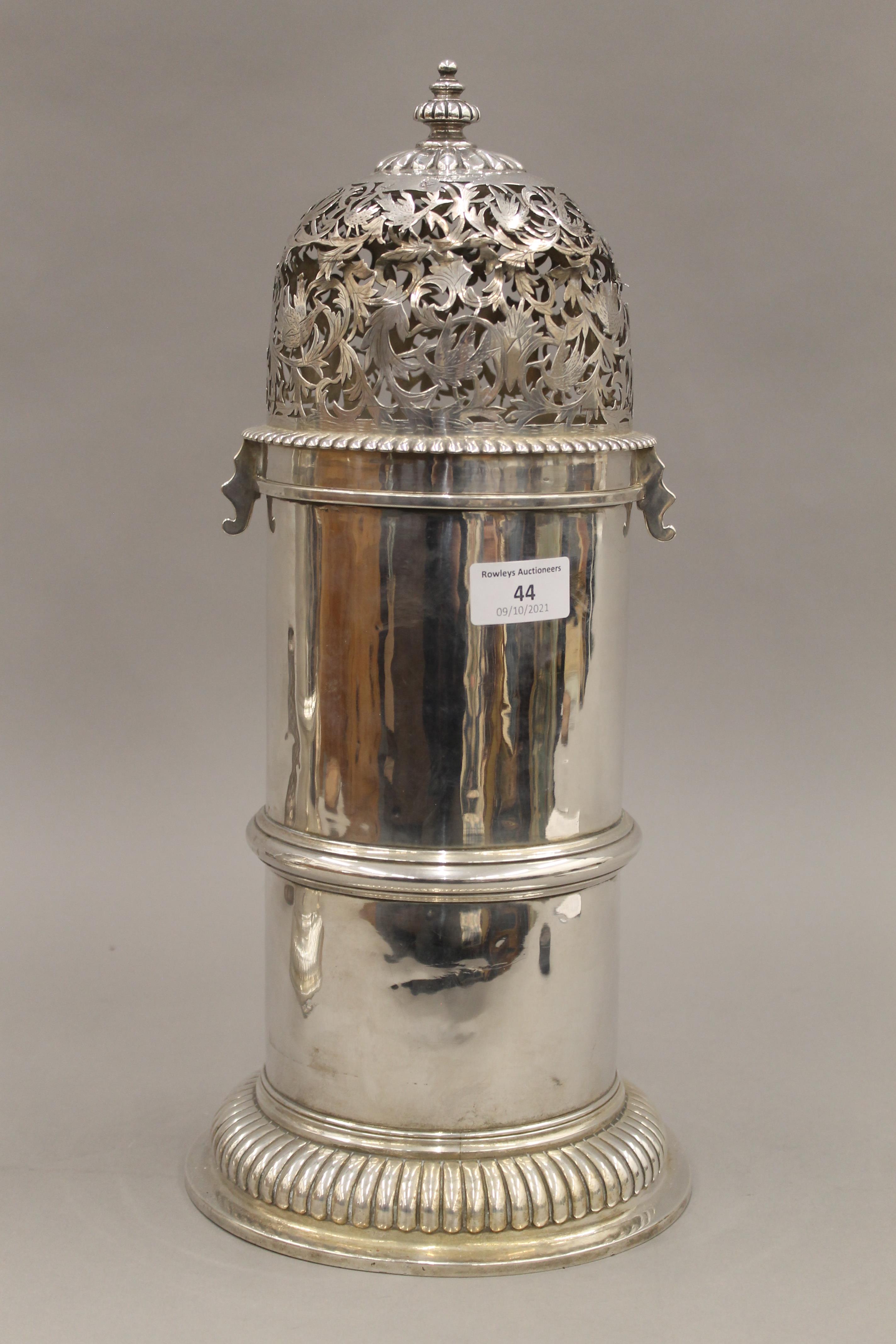 A pair of large silver castors, each with expunged marks and re assay marks. Each 41 cm high. 128. - Image 2 of 6