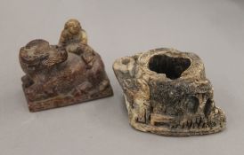 A soapstone ink pot and a figure of a buffalo and boy. The latter 7 cm wide.