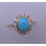 An unmarked gold, diamond and turquoise ring. Ring size P. 3.1 grammes total weight.