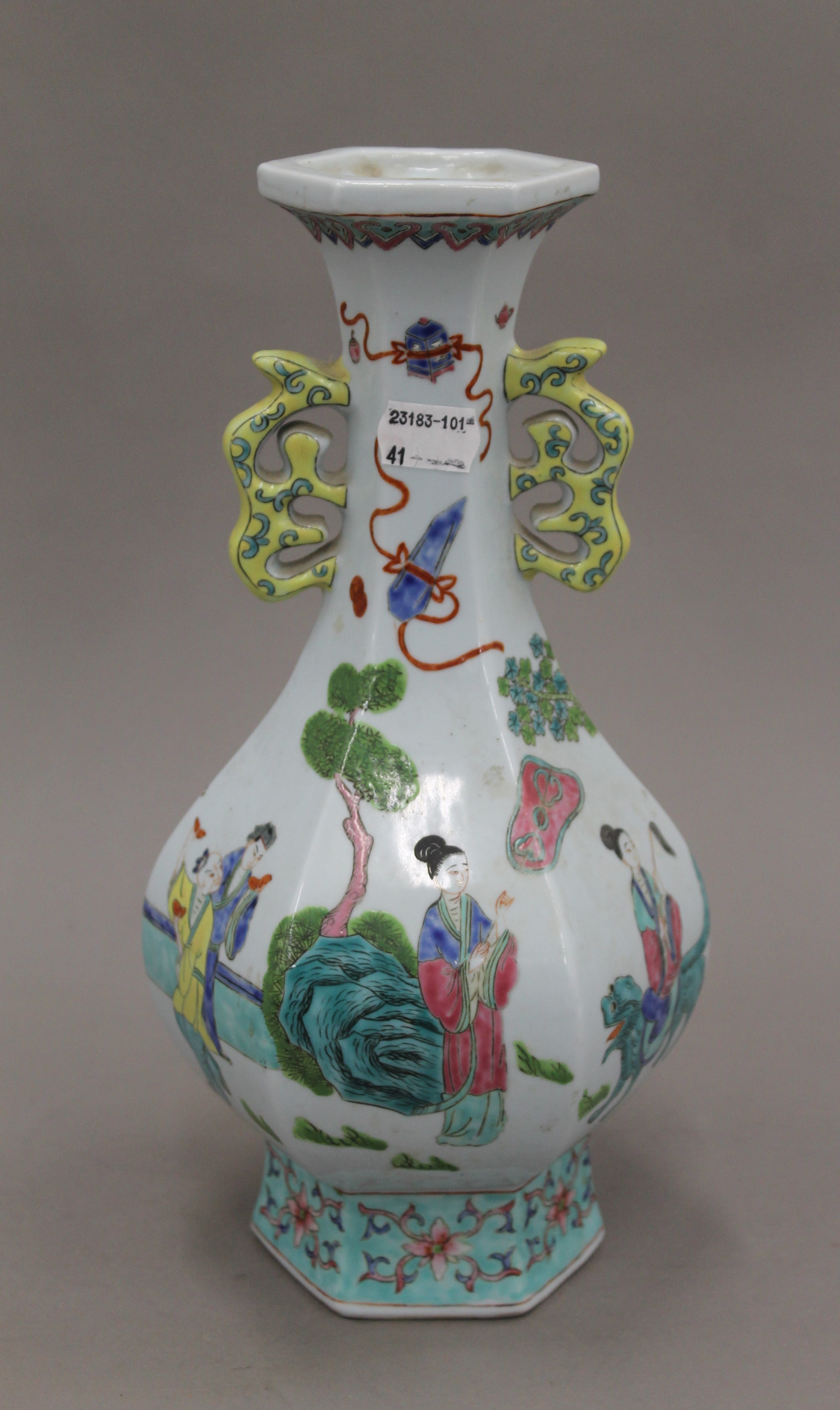 A Chinese porcelain hexagonal vase. 30.5 cm high. - Image 3 of 5