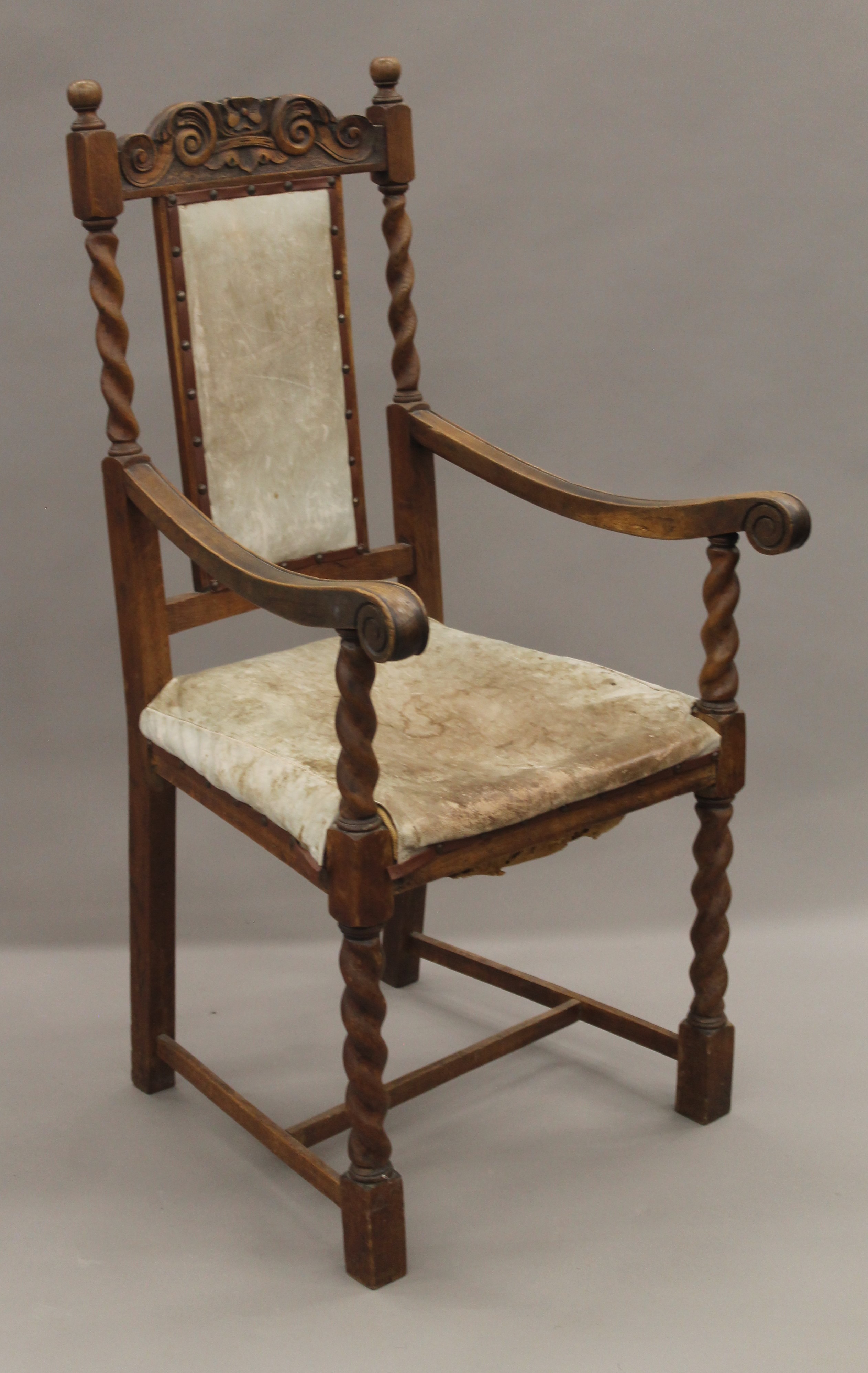 A pair of early 20th century oak barley twist open armchairs. 56 cm wide. - Image 3 of 6