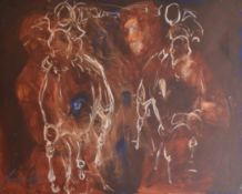 JACQUIE JONES (20th/21st century) British, Boxers with over painted Horses, oil on canvas. 76 x 60.