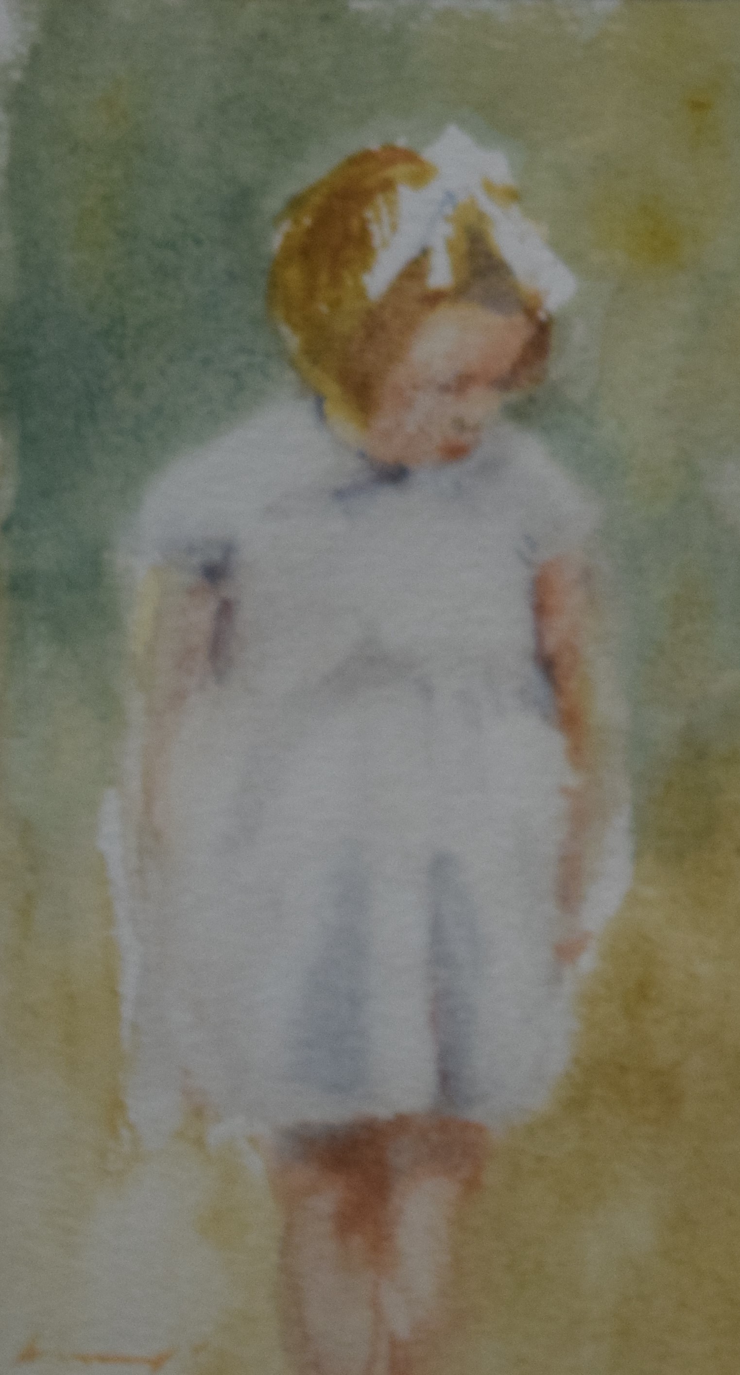 A Young Girl with a White Ribbon in Her Hair, watercolour on paper, indistinctly signed,