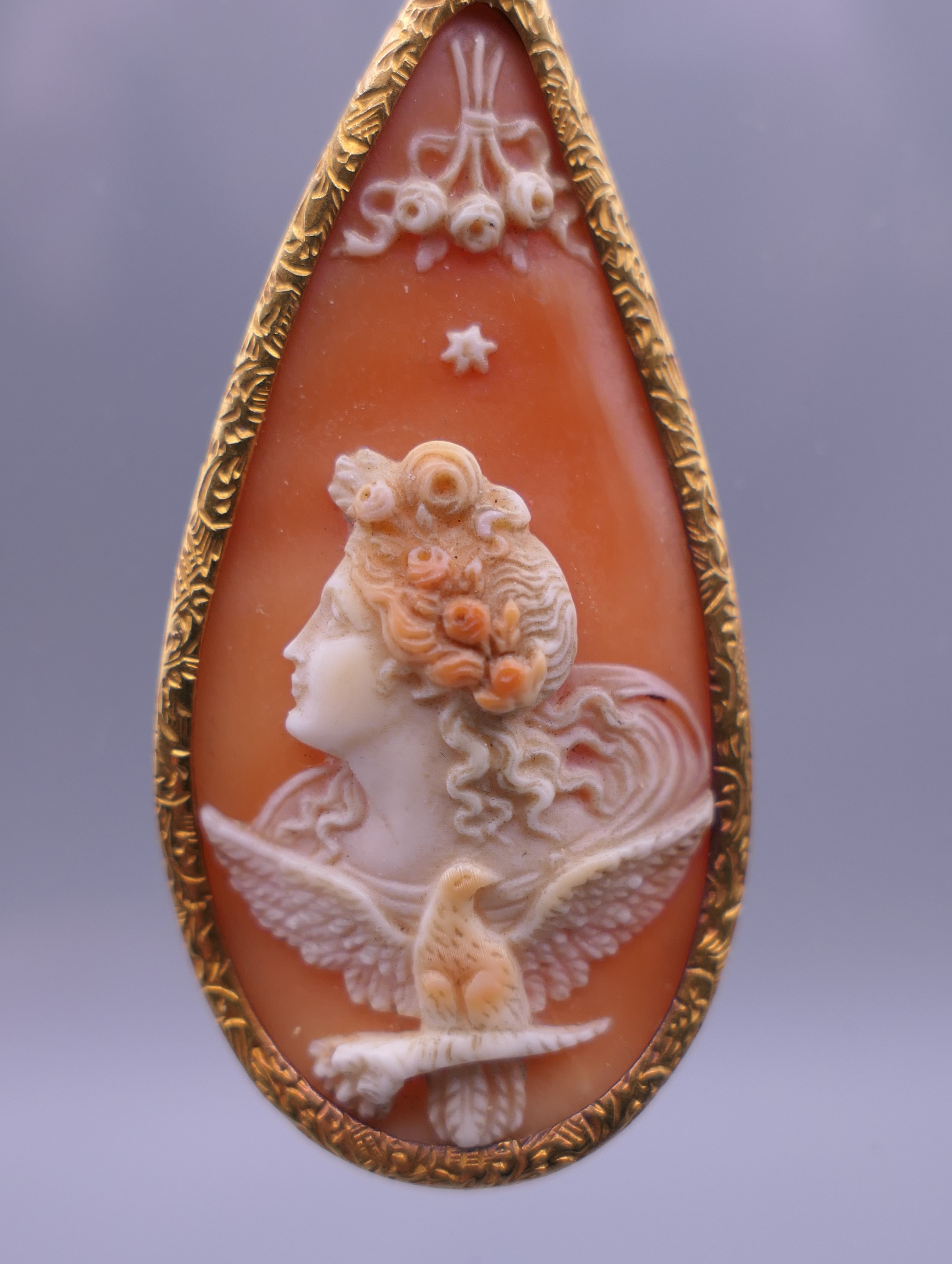 A pair of 18th/19th century unmarked gold mounted cameo drop earrings. Each 6 cm high. - Image 2 of 9