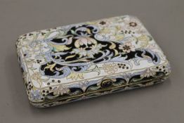 A silver gilt and enamel cigarette case, bearing Russian marks. 11 cm wide.