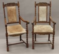 A pair of early 20th century oak barley twist open armchairs. 56 cm wide.