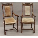 A pair of early 20th century oak barley twist open armchairs. 56 cm wide.