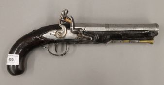 An 18th century flint lock pistol with blunderbuss style barrel, the lock plate inscribed Berleur.