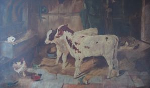 After WALTER HUNT, Farm Animals in a Stable, oil on canvas, framed. 81 x 48 cm.