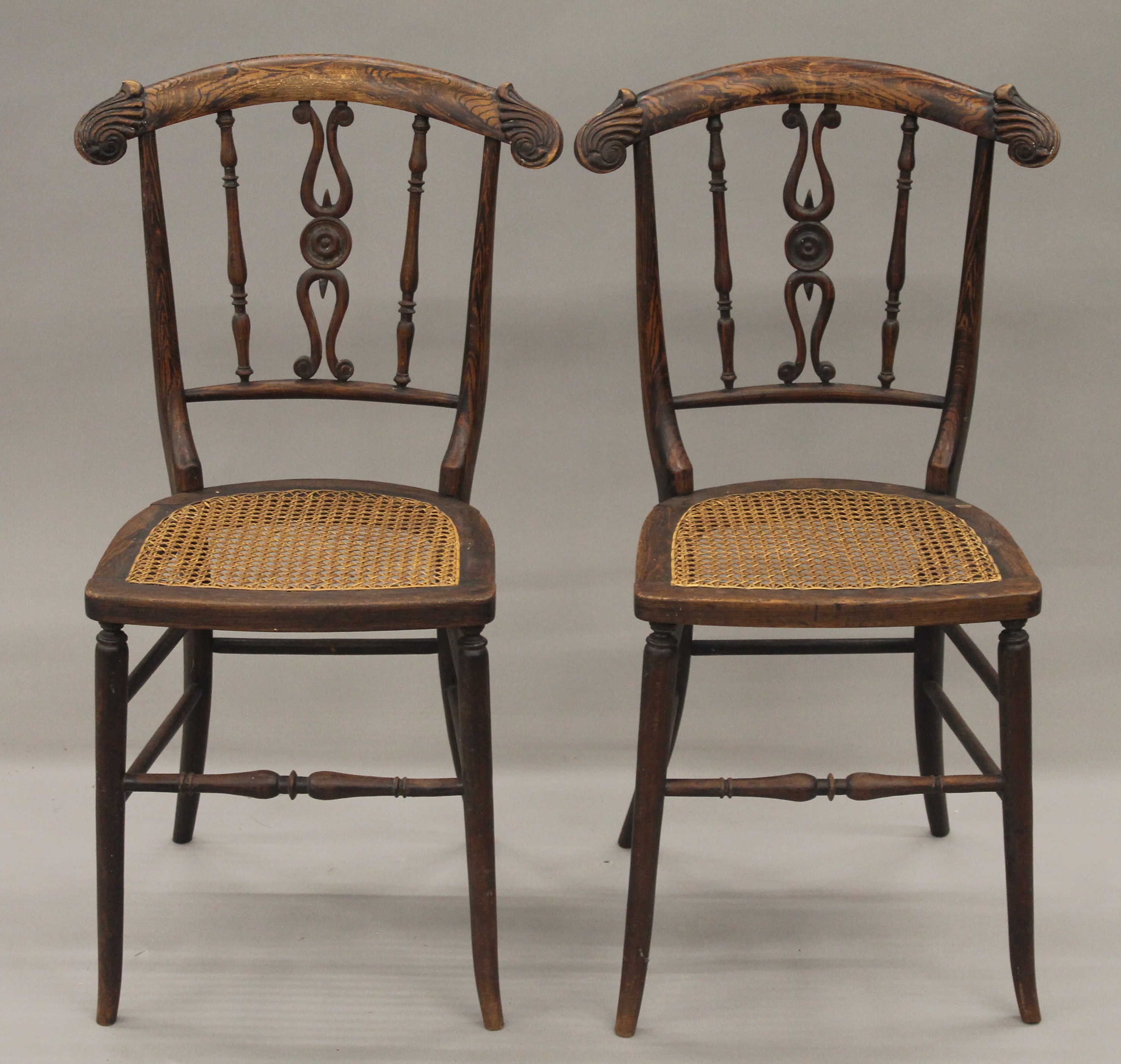 A pair of early 19th century faux rosewood cane seated chairs. 35.5 cm wide.