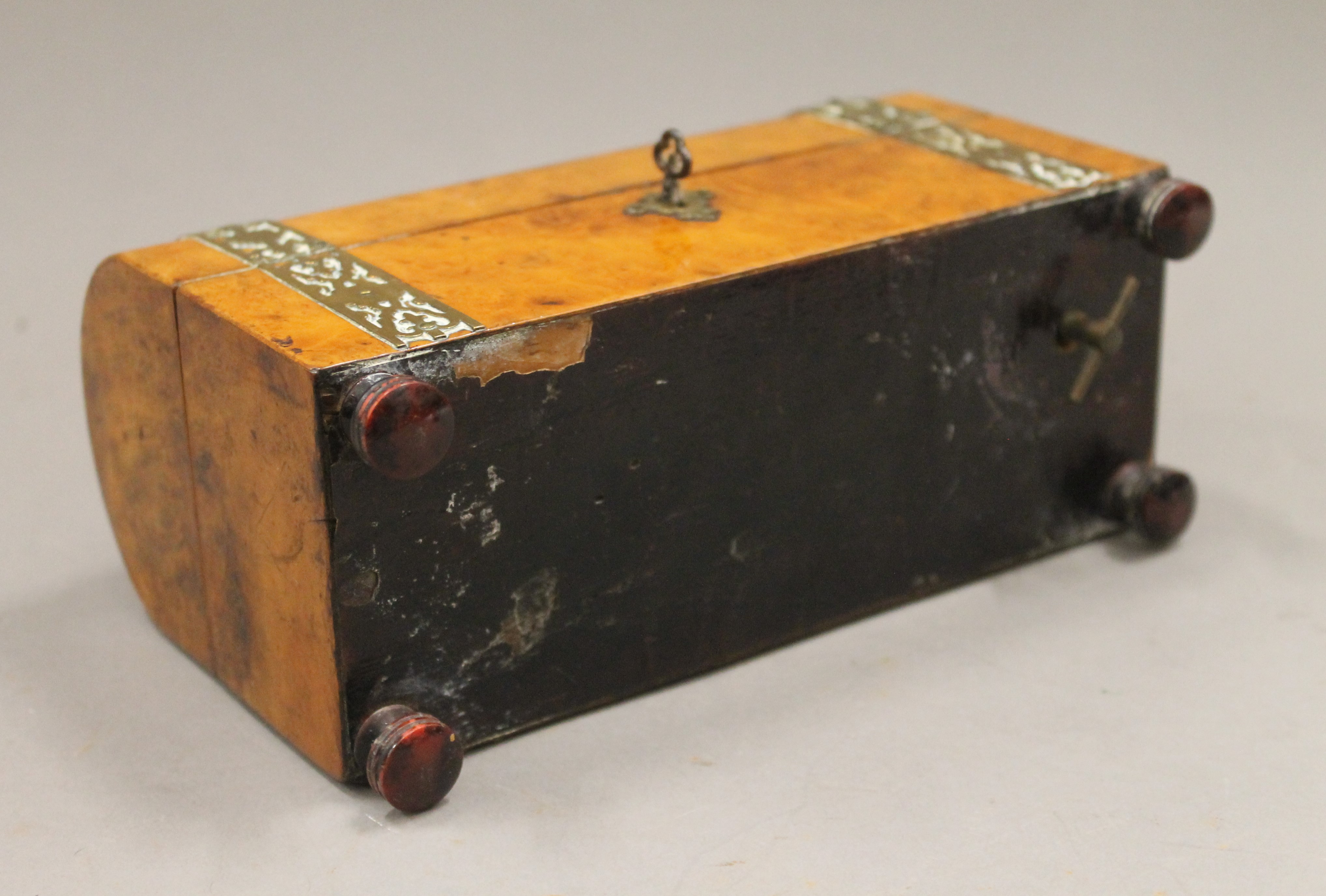 A Victorian brass bound burr walnut musical jewellery box. 19 cm long. - Image 4 of 5