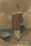 19TH CENTURY, Young Boy Beside a Boat, watercolour, housed in a glazed maple frame.