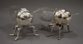 A pair of plated honey pots in the form of honeybees. Each 16 cm long.