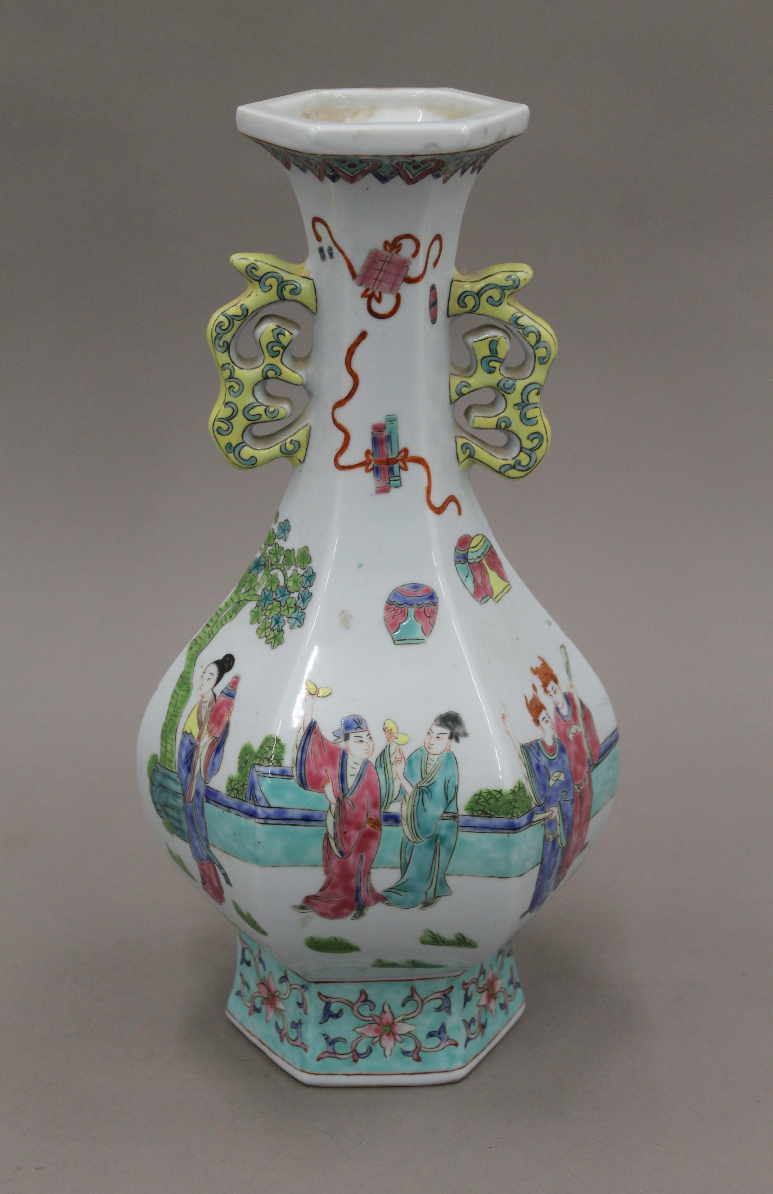 A Chinese porcelain hexagonal vase. 30.5 cm high.