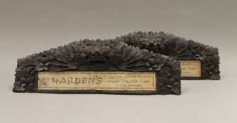 Two shop adverts for Hardens Pure China Tea, housed in Chinese carved wooden mounts.