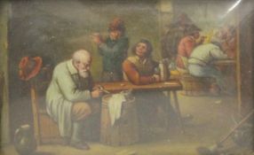 A 19th century miniature painting depicting a Tavern Interior Scene, framed and glazed. 10 x 6.5 cm.