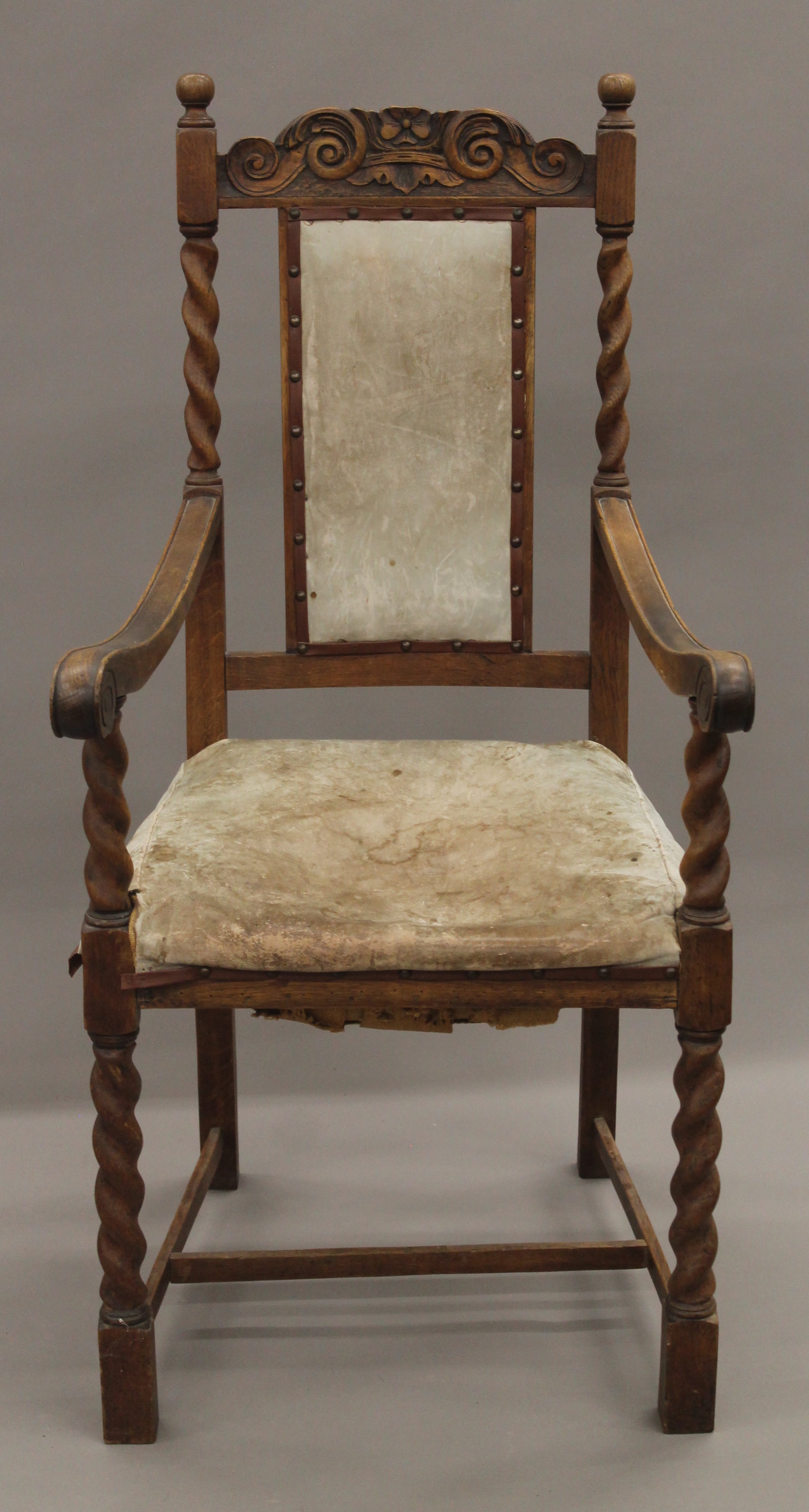 A pair of early 20th century oak barley twist open armchairs. 56 cm wide. - Image 2 of 6